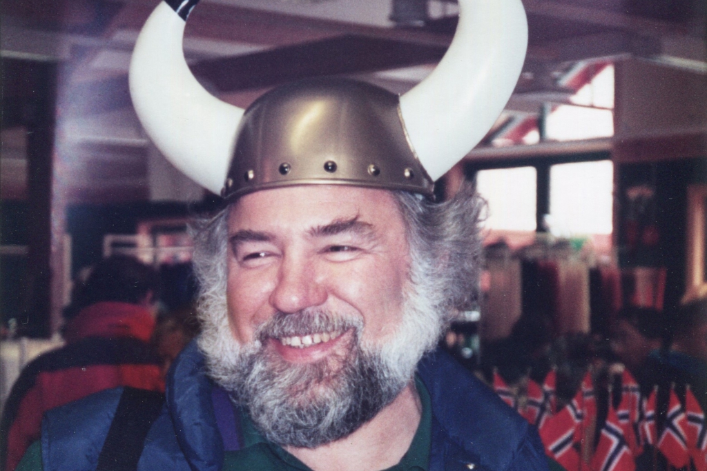 Carl Ettlinger at an ISO meeting with a viking hat on