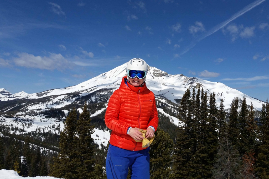 Sk instructor Kathy Brennan in front of Lone Peak