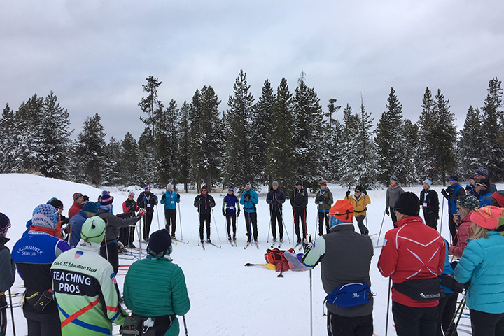 Cross country ski instructors take part in a clinic at PSIA-AASI 2018 Cross Country Academy