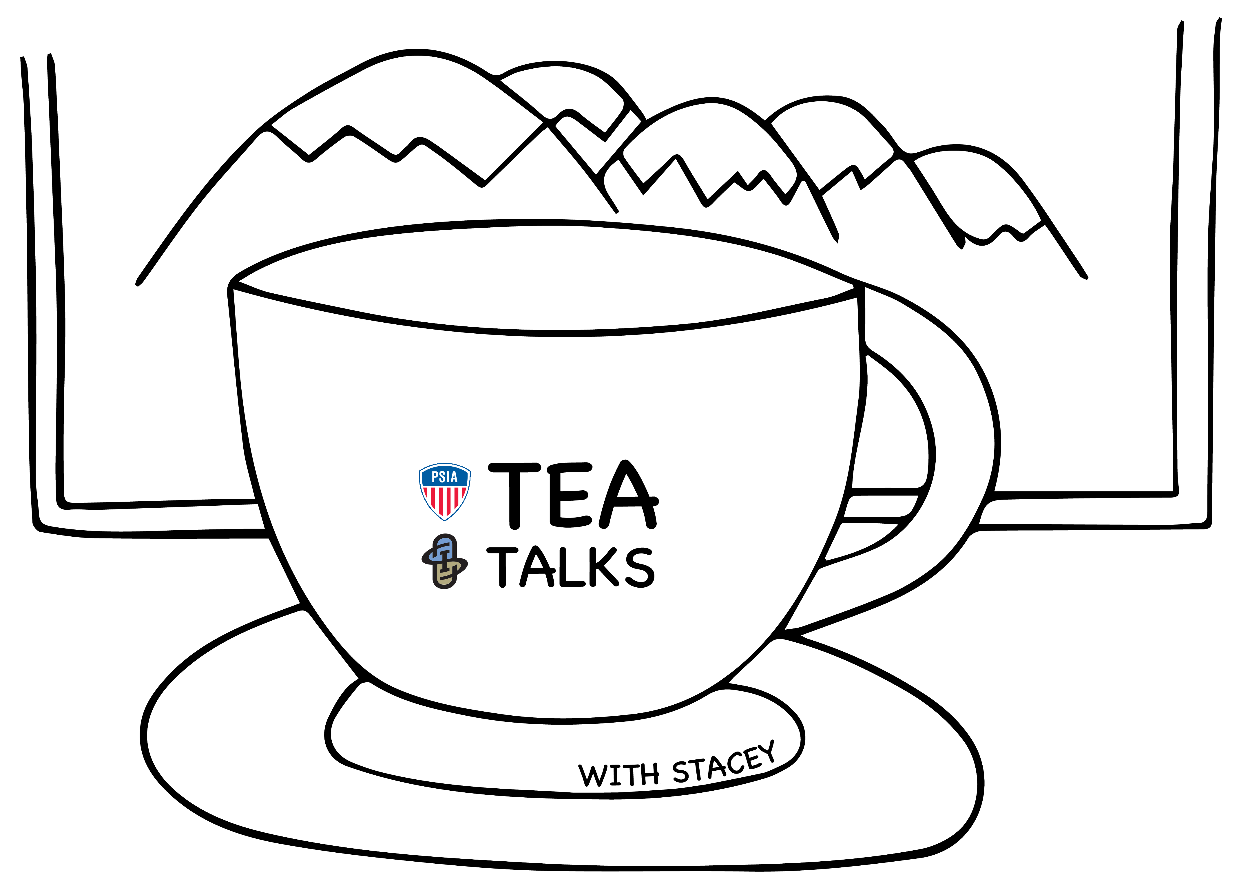 tea talks logo of a hand drawn mug in front of mountains