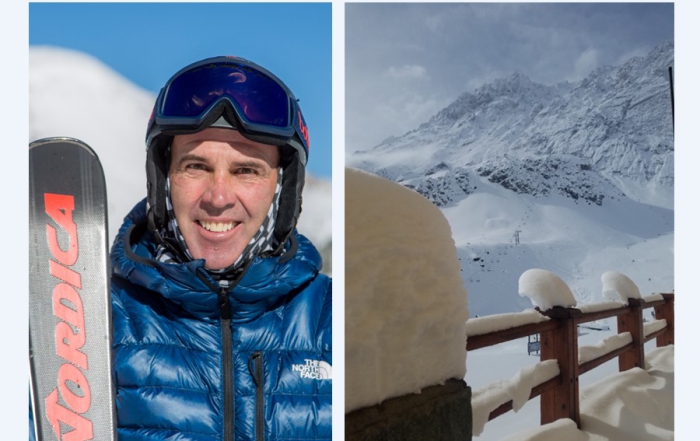 Side-by-side portrait of PSIA Alpine Team coach Michael Rogan and snowy scene at Portillo, Chile.