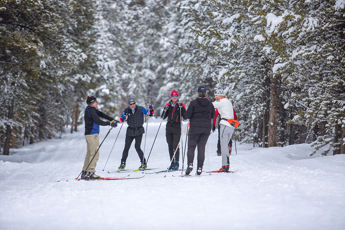A group of cross country skiers talk on the trail