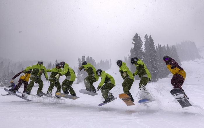 PSIA AASI Snowboard Team jumping Arapahoe Basin